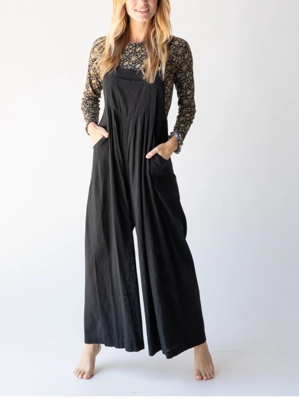 NWT NATURAL LIFE linen blend Black Wide-Leg Overalls Jumpsuit